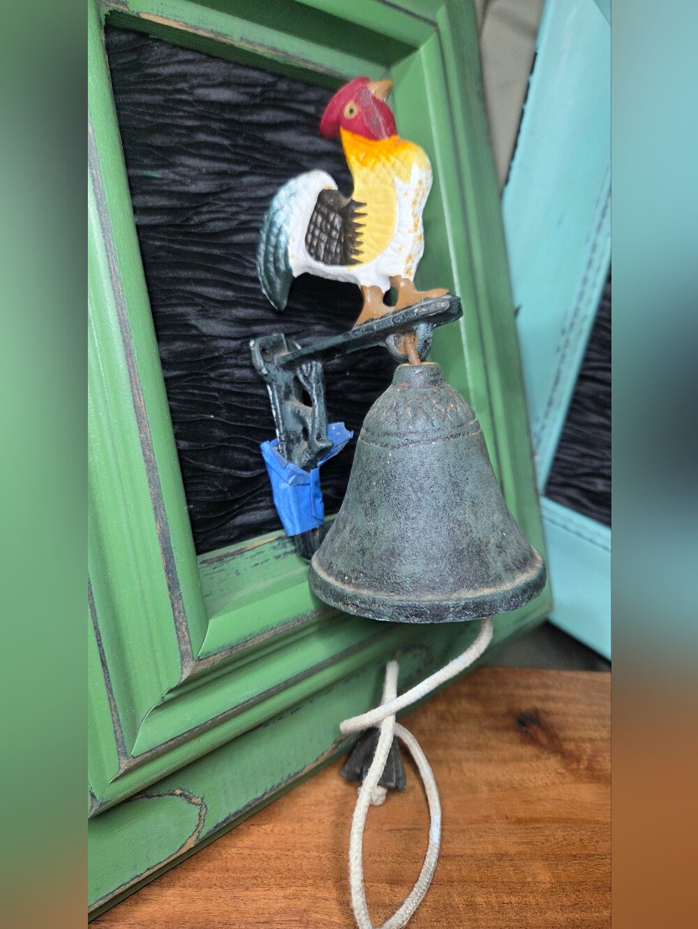 MCM Rustic Cast Iron Rooster Wall Bell in Green & Multi-Color